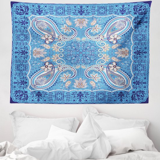 ABAKUHAUS Paisley Tapisserie Murale, Motif Floral Ornemental Oriental Classique avec Cadre, 150 x 110 cm, Blanc