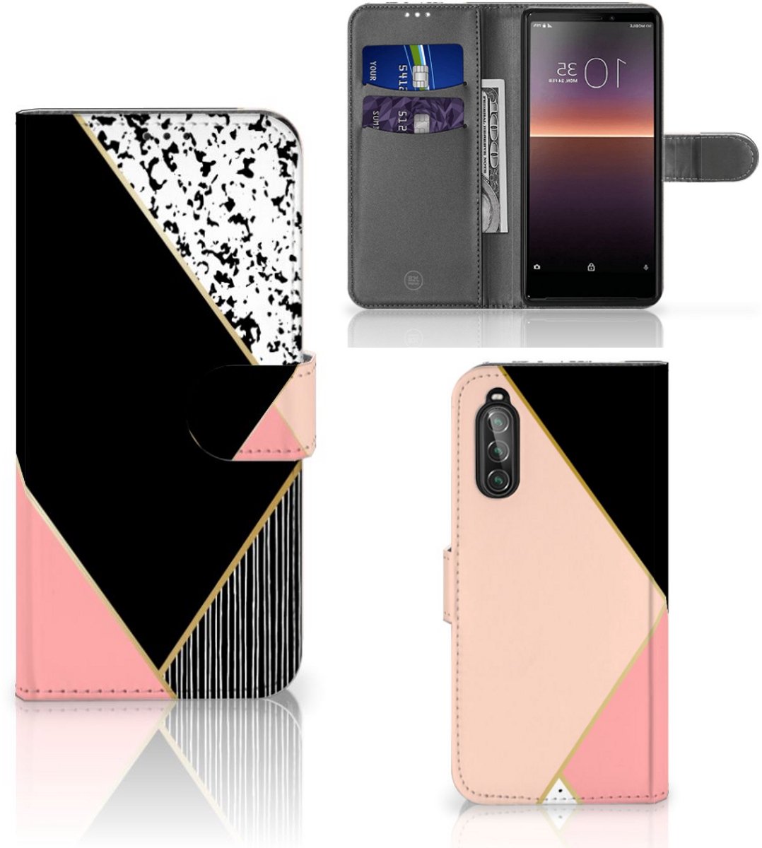 Sony Xperia 10 II Book Case Zwart Roze Vormen