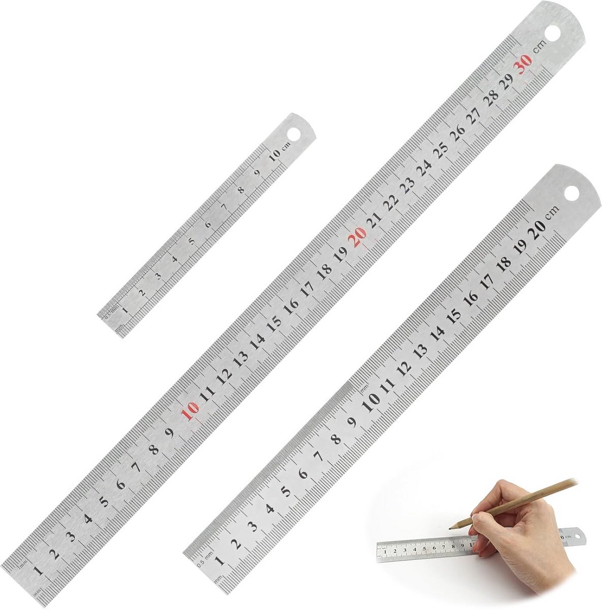 Set van 3 roestvrijstalen linialen 10 cm, 20 cm, 30 cm - Nauwkeurige meetgereedschappen voor school, kantoor en techniek