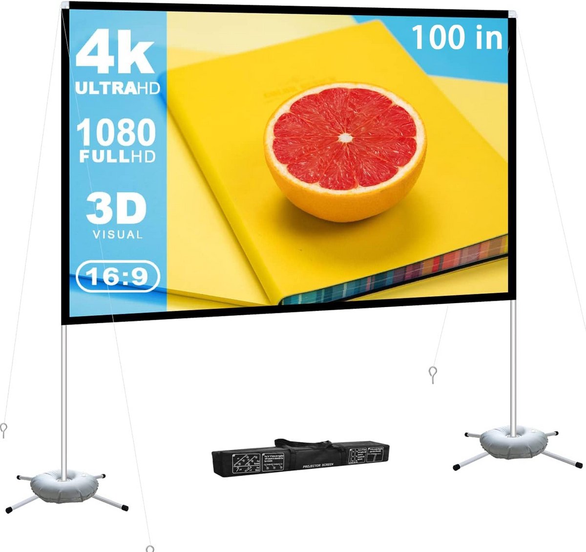 100 Inch Projectorscherm met Standaard voor Binnen en Buiten, 16:9 HD 4K
