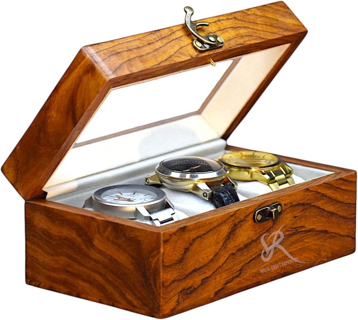 Luxe Houten Horlogedoos voor Heren met 3 Vakken - Handgemaakt Rozenhout Zacht Velours Interieur