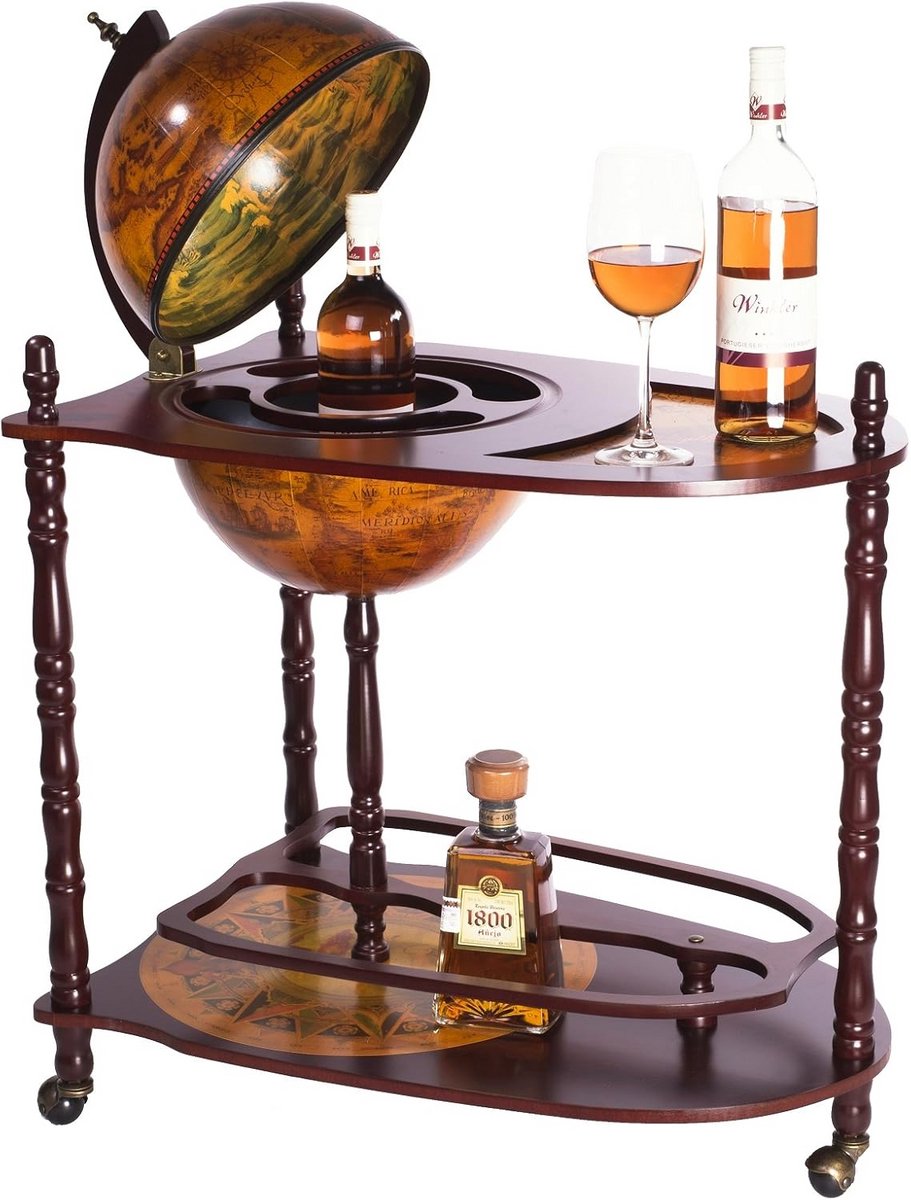 Grote Antieke Wereldbol Bar / Serveertafel met Houten Zuilen