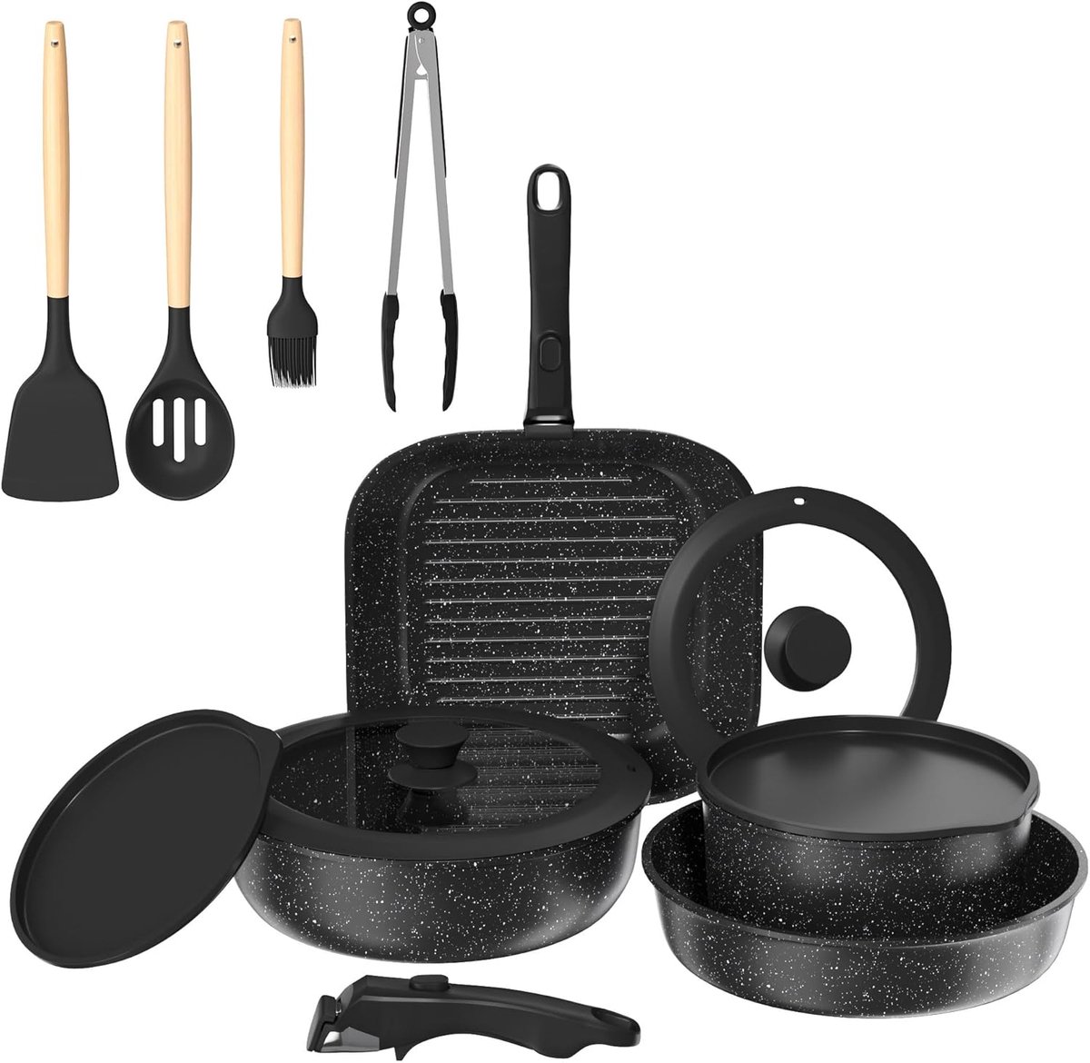 14-delige Koekenpan Set met Verwijderbare Handgrepen voor veelzijdig Koken