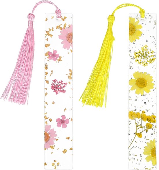 longziming -Boekenlegger - Bloemen Boeklegger - Planten Boeklegger - Hars Gedroogde Bloemen - Franjes - Roze Geel - 2 Stuks - voor vrouwen en meisjes
