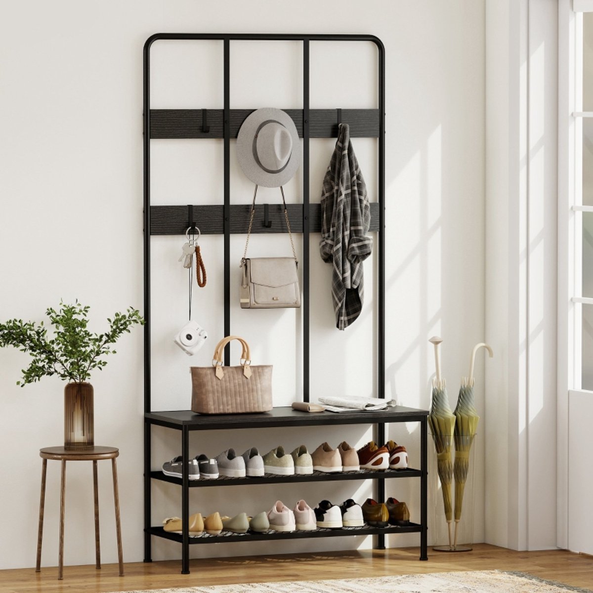 MODFU Luxe 3-in-1 Industriële Kapstok met Zitbank & Schoenenrek (91 cm) - Halmeubel met 6 Haken - Zwart