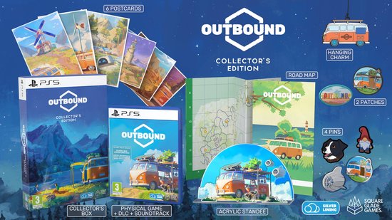 Verzamel editie van het spel Outbound voor PS5 met diverse items zoals postkaarten, een poster, pins en patches.