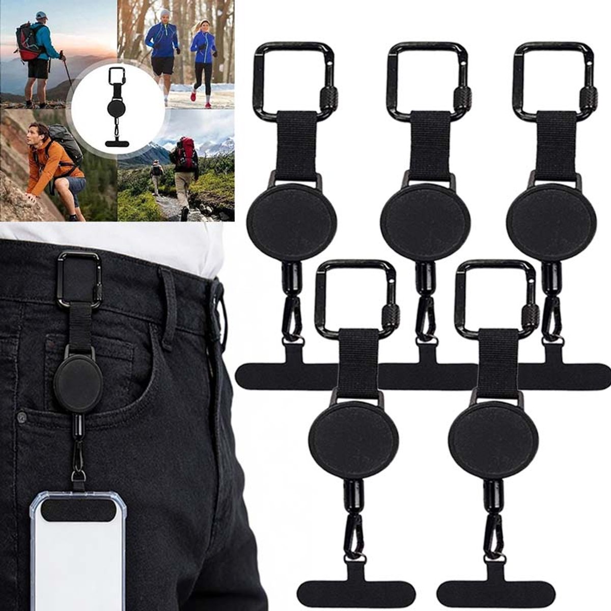 5 Stuks Uittrekkbare Anti-diefstal Mobiele Telefoon Hangkabel - Mobiele Telefoon Anti-diefstal Hangkabel - Geschikt Voor Outdoor Sporten Zoals Reizen / Wandelen / Klimmen (Zwart)