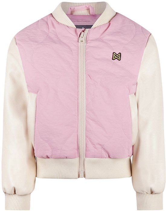Roze bomberjack met crème mouwen, gestikt patroon op het voorpand en een geel logo.