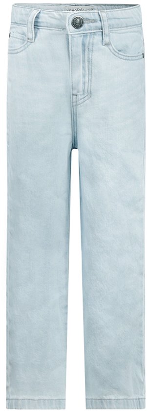 Avant d'un jean droit bleu clair, suspendu à un cintre.