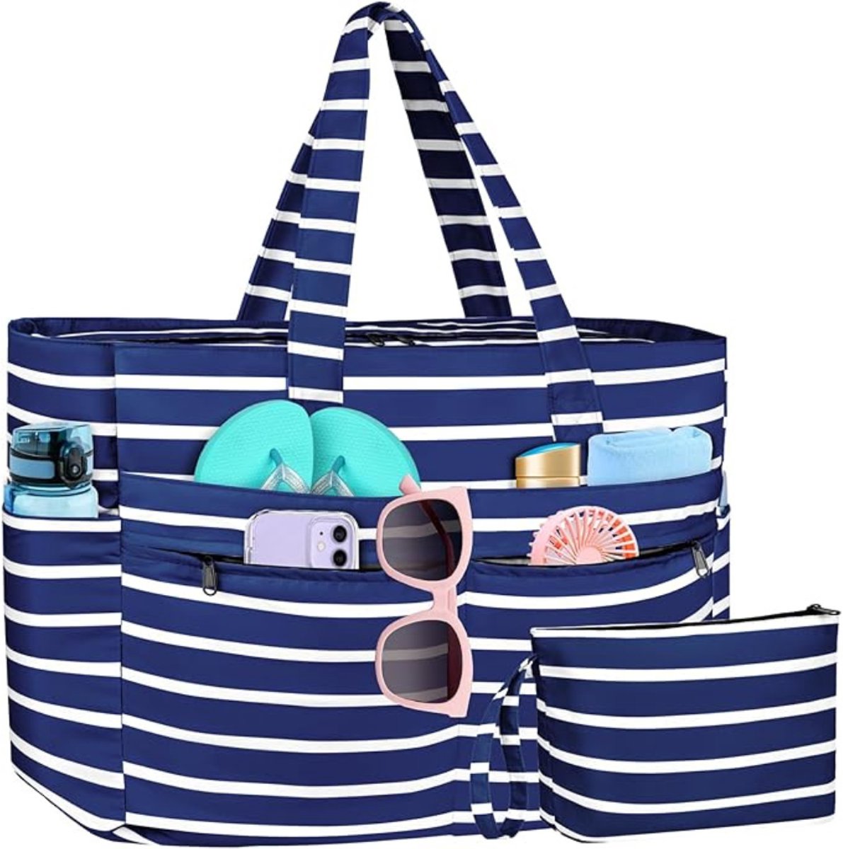 Aura® Strandtas Met Ritssluiting xl - Strandtas Met Rits - Grote Strandtas Waterdicht - Big Shopper - Strandtassen - Strand Tas – Reistas - Schoudertas - Blauw Met Witte Strepen - 55cm x 20cm x 40cm