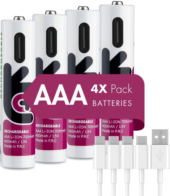 Vier AAA oplaadbare batterijen met paars en zwart logo en vier USB-C kabels. Tekst: AAA 4X Pack Batteries.