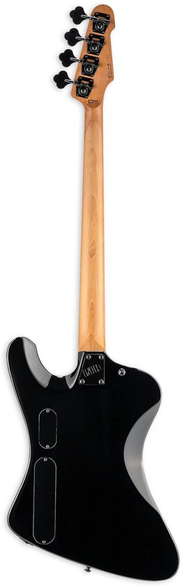 Achterkant van zwarte elektrische basgitaar met houten hals en vier stemmechanieken.