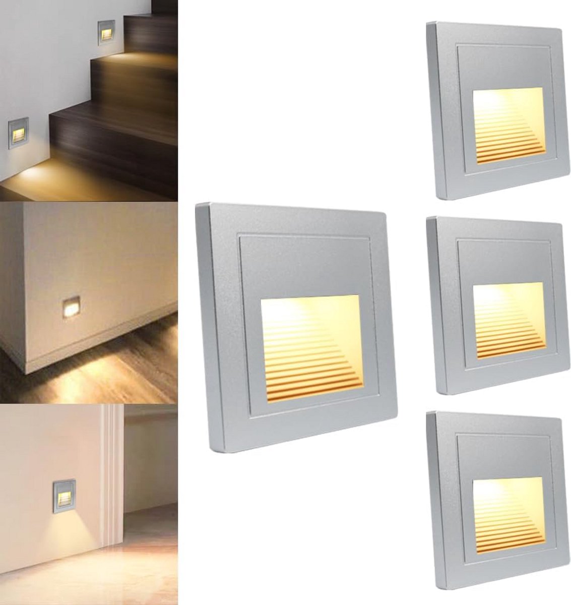 LED Traplicht 4 Stuks Warmwit 3000K Vierkant Zilver