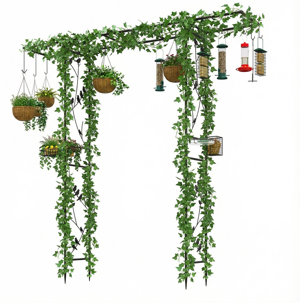 COSTWAY Rozenboog met vogelvoederstation, tuinboog van metaal, 213 cm, boog met waterschaal, dienblad en hangset, metalen boog voor wilde vogels en klimplanten, rozenrooster voor tuin (zwart)