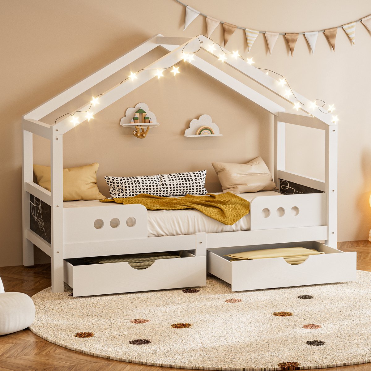 Wishdor Kinderbed 90x200 cm – Dakontwerp & 2 Lades – Schrijfbord Hoofdeinde – Wit Hout/MDF – Ideaal voor Jouw Kind