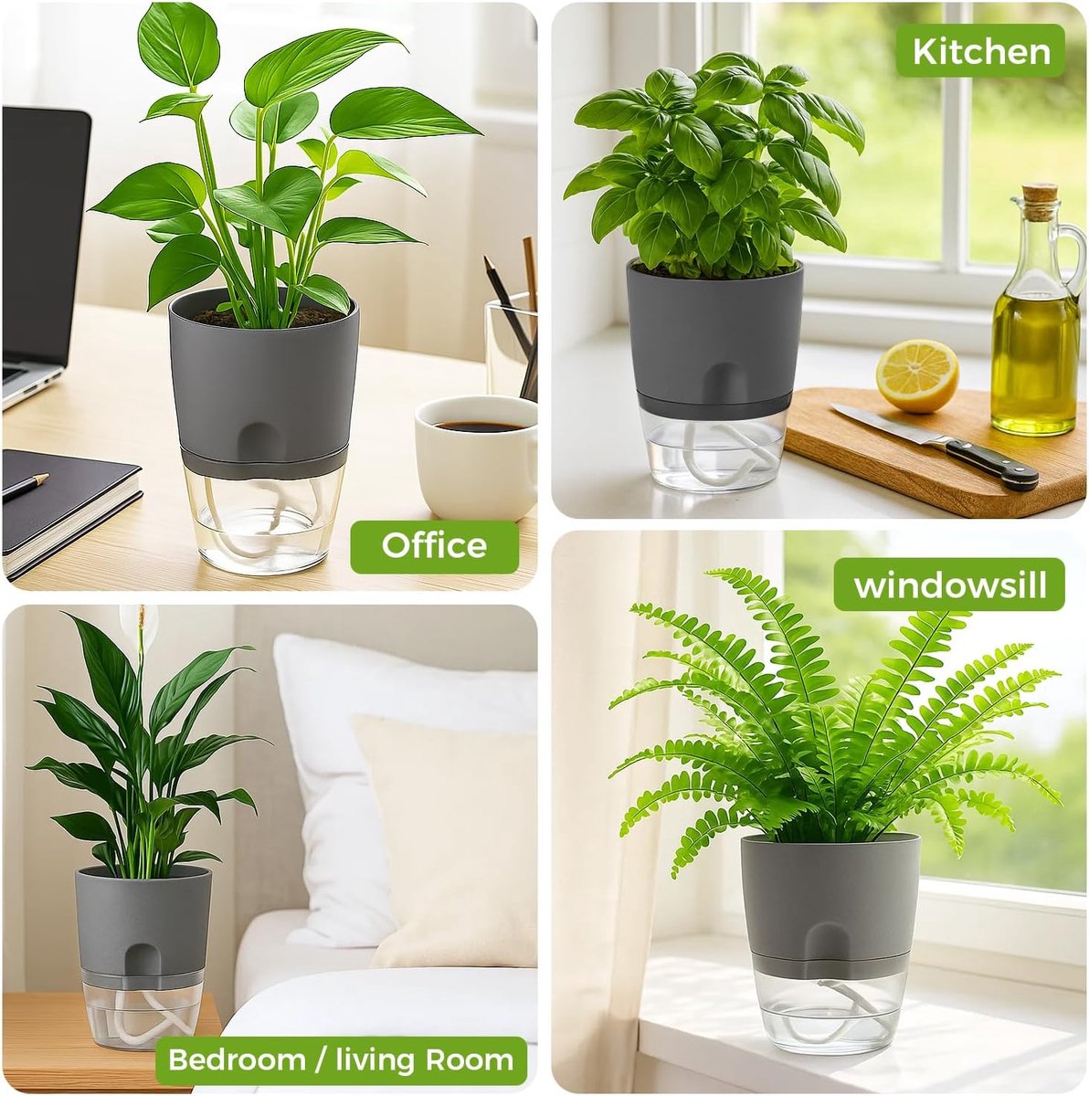 Set van 3 zelfwaterende bloempotten - Bloempotten - Transparante bloempotten - Met drainagegaten en waterabsorberend touw - Kunststof - Grijs — cadeau in Cadeau-ideeën - foto 4
