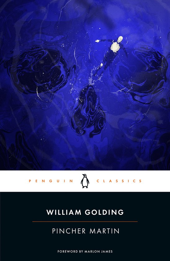 Boek 'Pincher Martin' van William Golding, met een blauwe, marmerachtige schedel op de kaft.