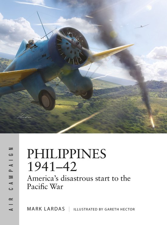 Avion militaire bleu en combat, avec une traînée de fumée et des explosions au-dessus d'un environnement montagneux verdoyant. Titre : PHILIPPINES 1941–42.