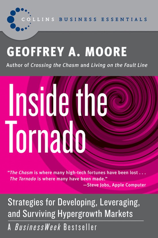 Boek 'Inside the Tornado' van Geoffrey A. Moore. De kaft is felroze met een spiraalpatroon in donkerroze. Met citaten van Steve Jobs en ondertitel 'Strategieën voor het ontwikkelen, benutten en overleven van hypergroei markten'.