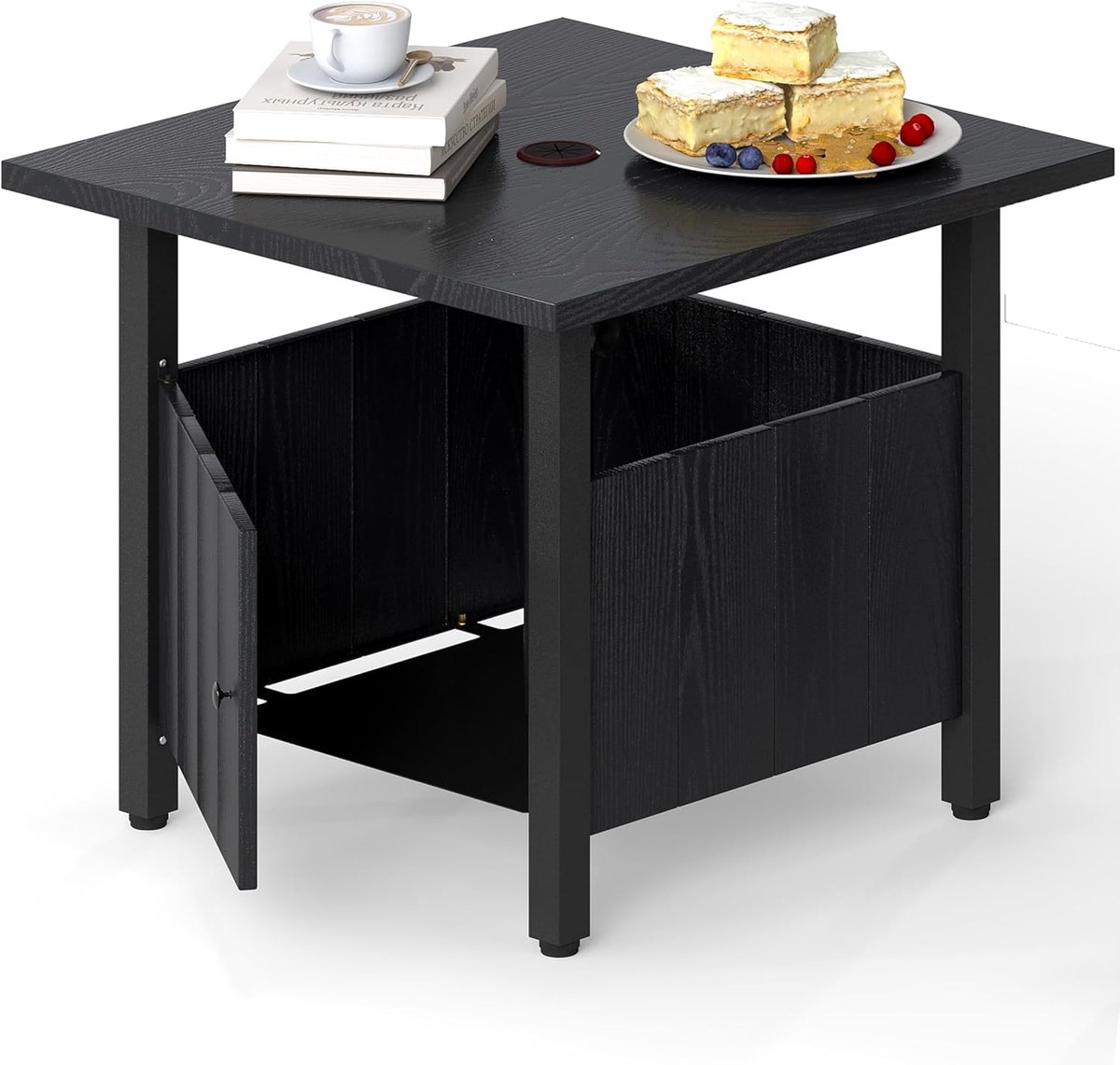 KOMFOTTEU Tuintafel met gat voor parasol, diameter 48 mm, rechthoekige salontafel met 2 zandzakken, verstelbare poten en opbergvak, lage tafel voor balkon, binnenplaats, zwart