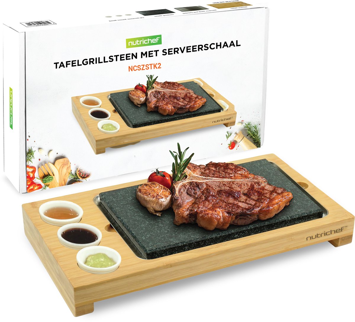 NutriChef grillsteen - Heetsteen Steak Set - Bamboe Plank, RVS Bak & Keramische Sauskommen - Binnen & Buiten Koken en Feestjes