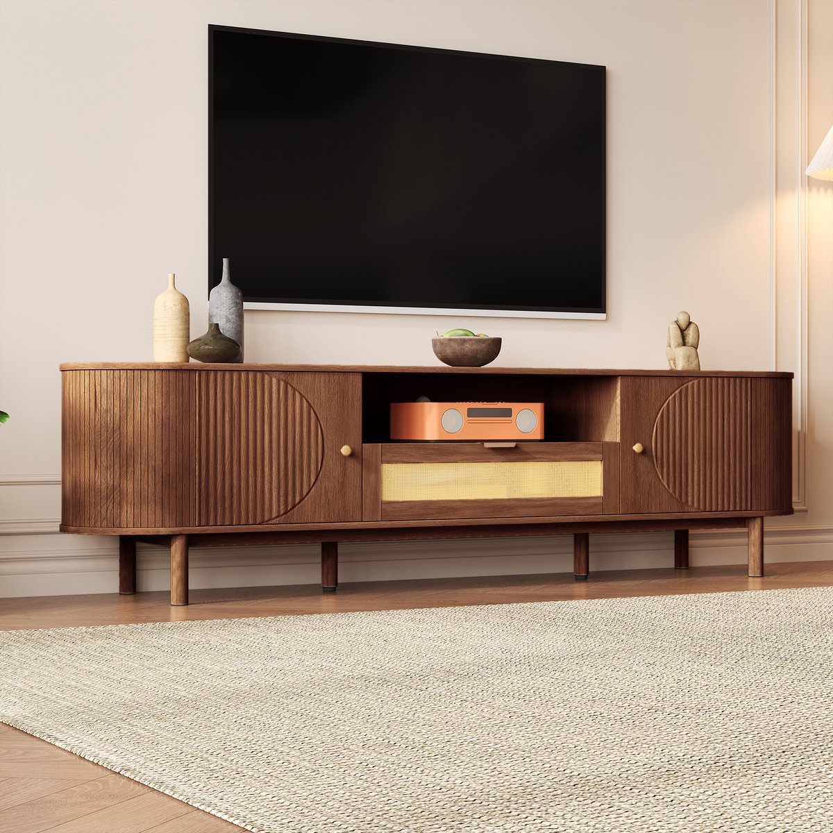 OKWISH Tv Meubel – Gebogen Design – Met 2 Deuren En Open Vakken – Opbergruimte Voor Woonkamer – MDF Walnoot – 175×36×51 Cm