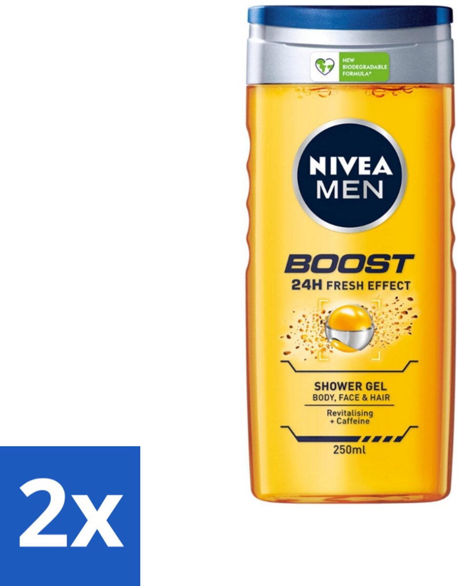 2 x NIVEA Men Boost Douchegel 250 ml - Douchegel - Cafeïne - Energieboost - Fris Effect - Verfrissend