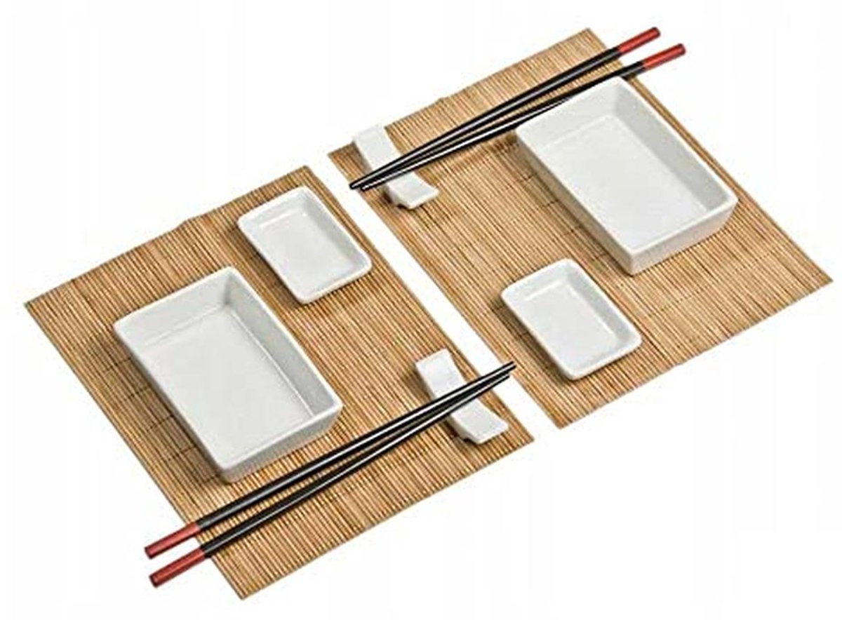 Sushi Set 10 Delig - Compleet met Borden, Dipkommen, Bamboe Placemats en Eetstokjes