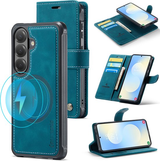 Collage van turquoise book cases en telefoonhoesjes met MagSafe functie.