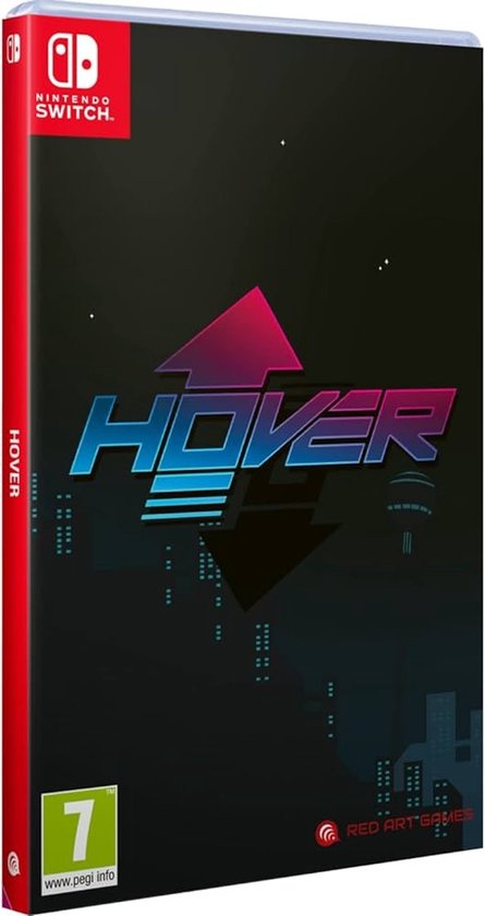 Nintendo Switch Hover gamehoes, donker met neon-roze en blauwe 'Hover' opdruk.
