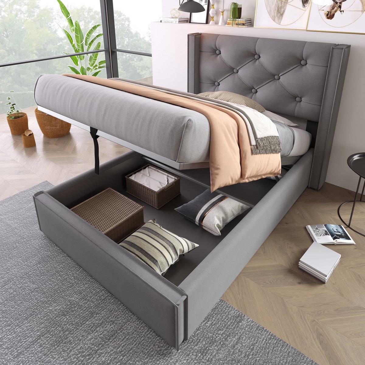 MODFU - Bedframe 90x200 cm – Grijs katoen met retro design & hydraulisch – Lattenbodem