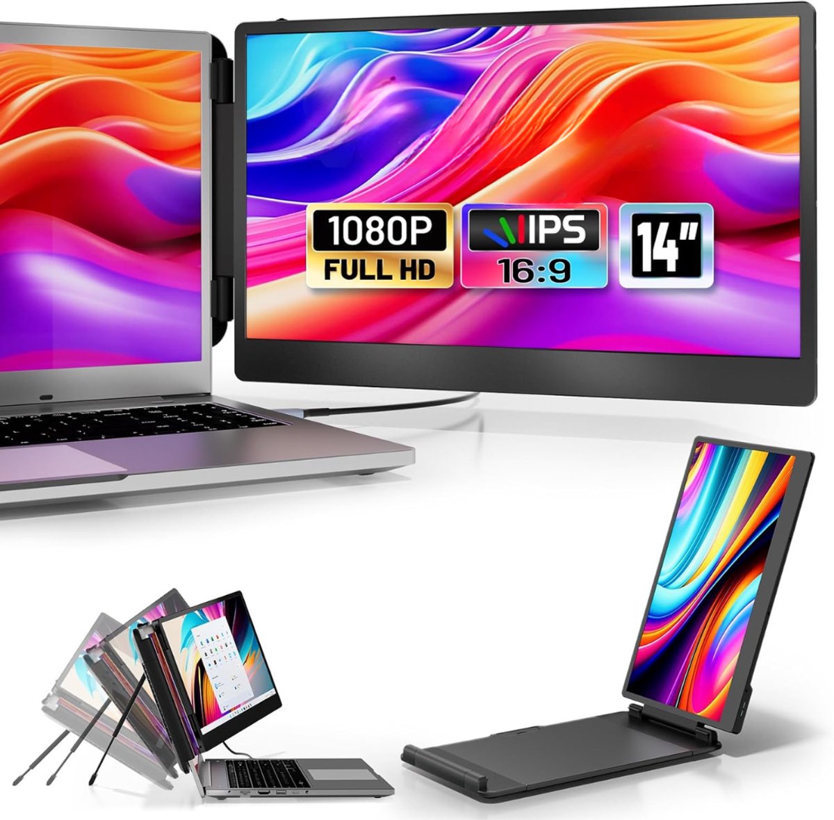 Aura® Professionele Portable Monitor Pro 2024 - Full HD - 13” / 16.5” Tri-Screen - Laptop Scherm Uitbreider - Inclusief Beschermhoes en Kabels - Krachtig - Zwart - 36cm x 21cm x 4cm