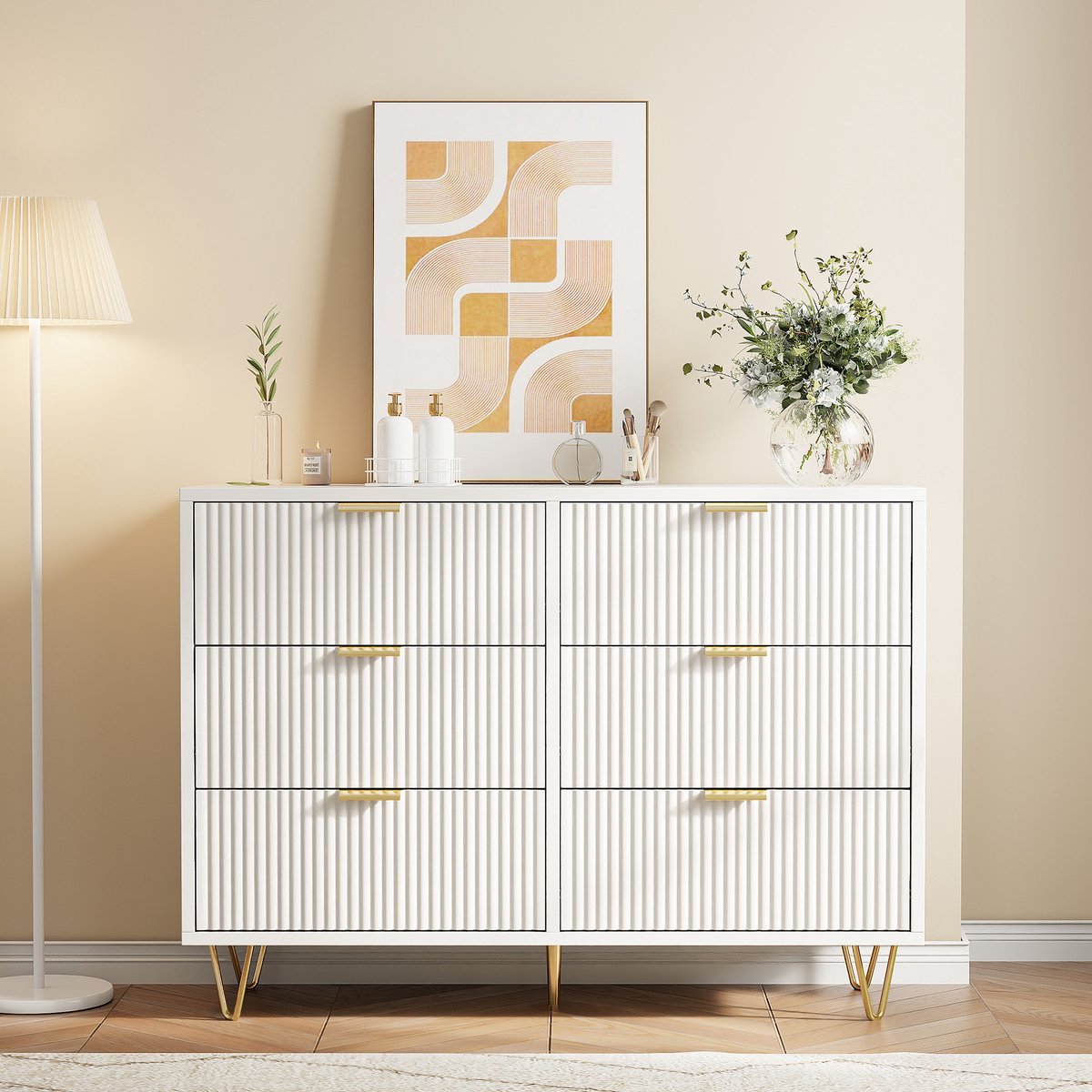 Witte Ladekast met 6 Lades – 100 cm Breed – Golfpatroon Ladefronten – Gouden Handgrepen & Metalen Poten – Met Anti-kantelvoorziening