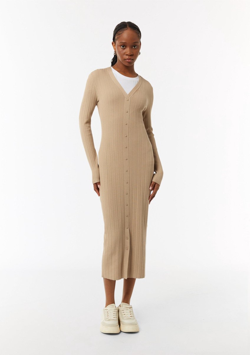 comma - female - Geribde midi-jurk met decoratieve knoopsluiting
