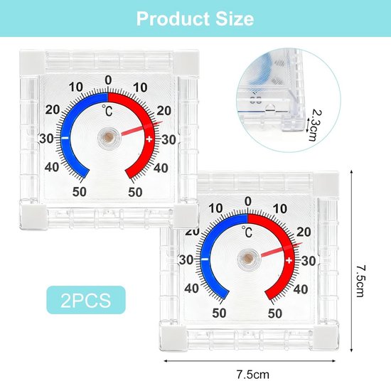 Set van 2 Raamthermometers Analoog -50 tot +50 Graden Buiten en Binnen ...