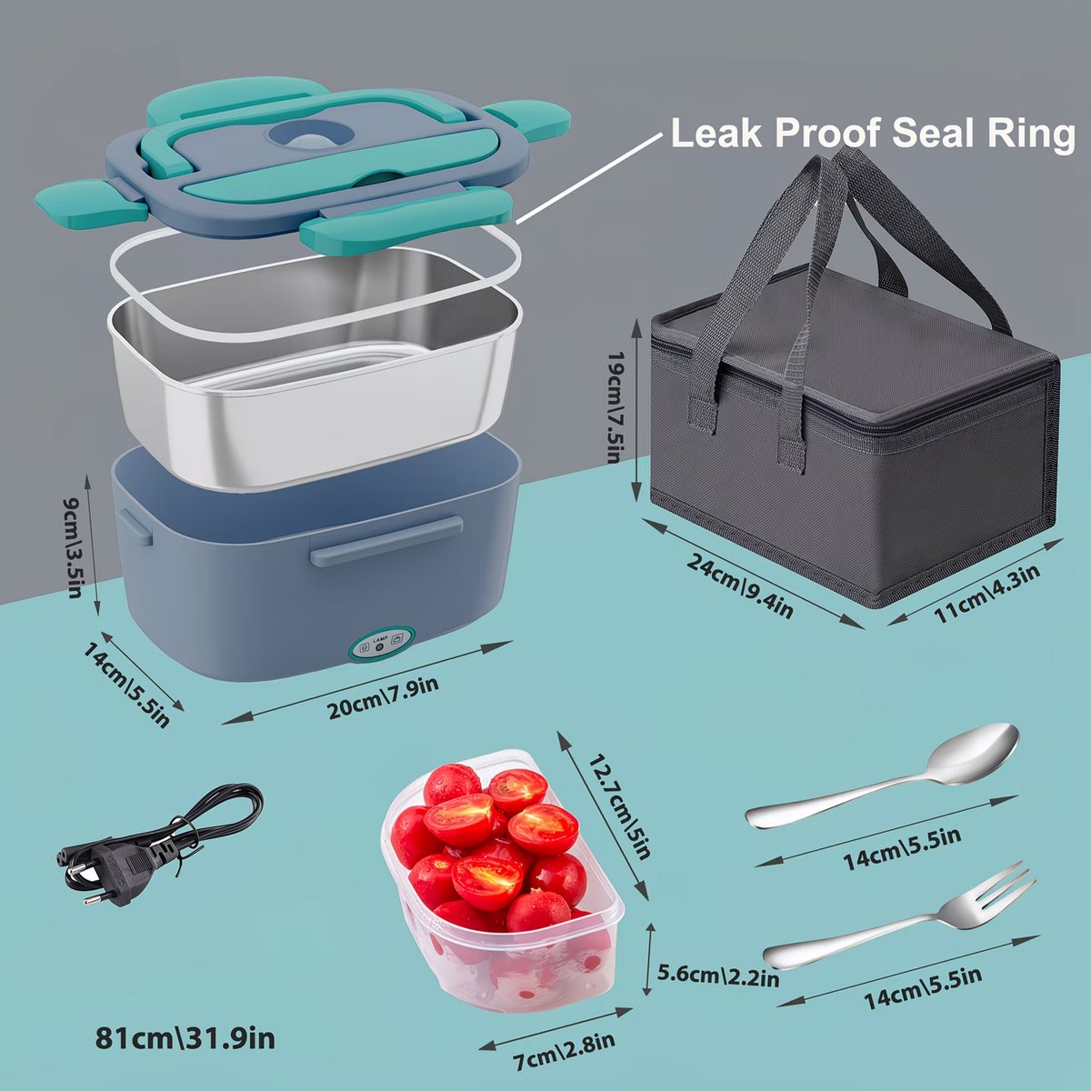 Groene Elektrische Lunchbox 80 W – 1,5 L Roestvrij Staal met Isolatietas – Draagbare Verwarmingsbox voor Auto, Kantoor & Reizen — cadeau in Kookcadeaus - foto 6