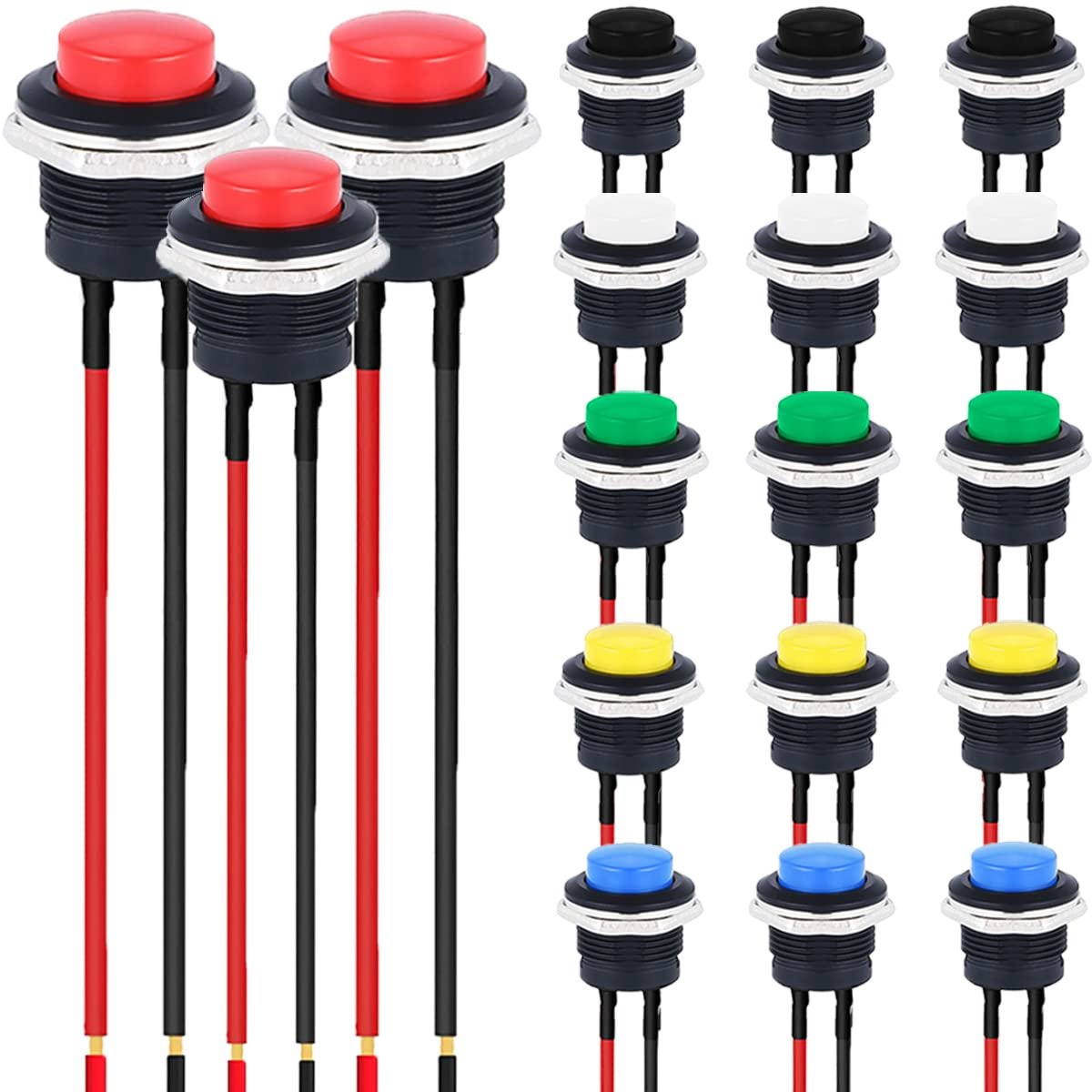 18x Momentane Drukknop 16mm SPST Aan/Uit Met Voorgesoldeerde Draden in 6 Kleuren