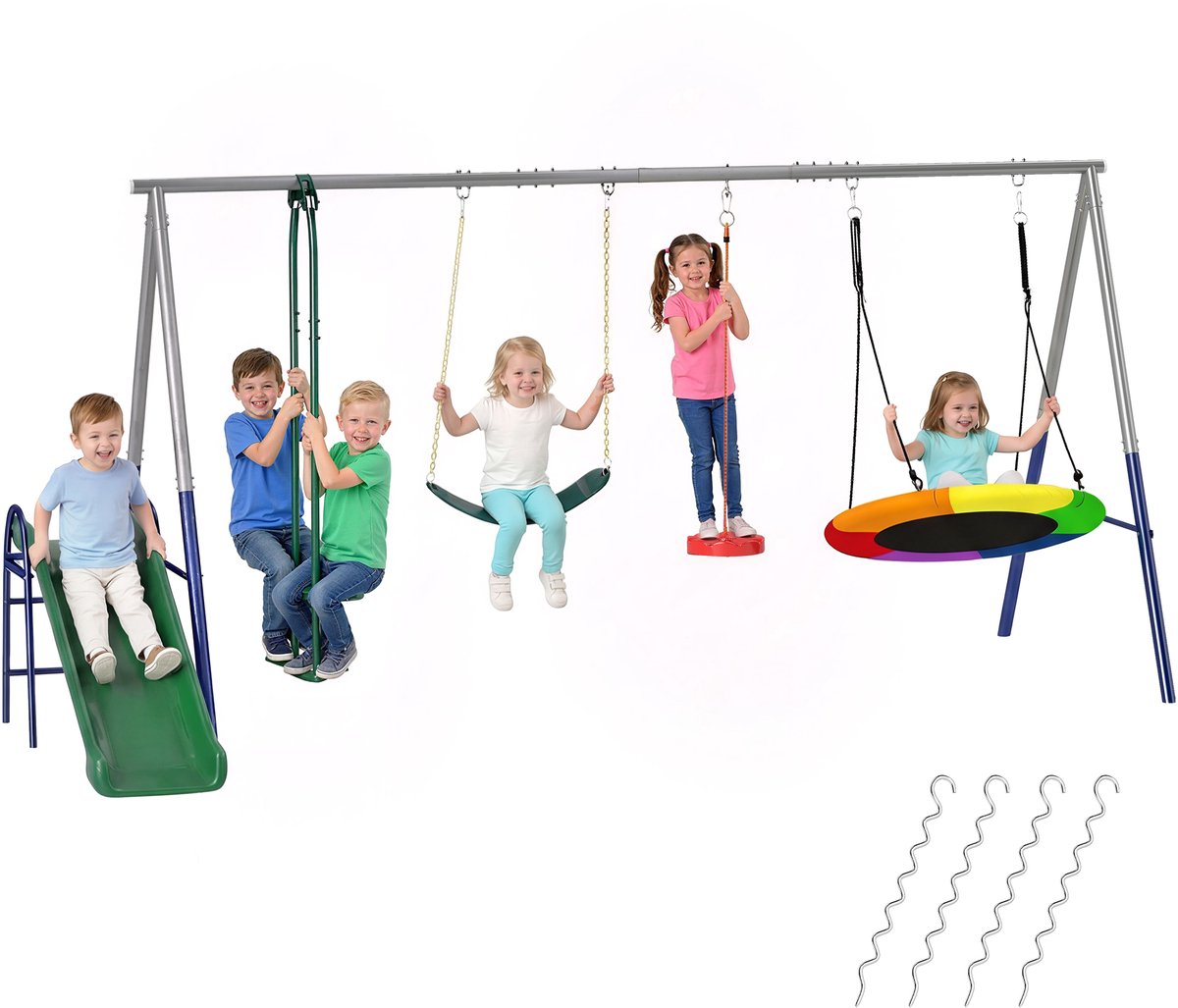 Aiyaplay Kinderschommel en Glijbaanset-Staal, HDPE-382L x 196B x 203H cm-Multicolor