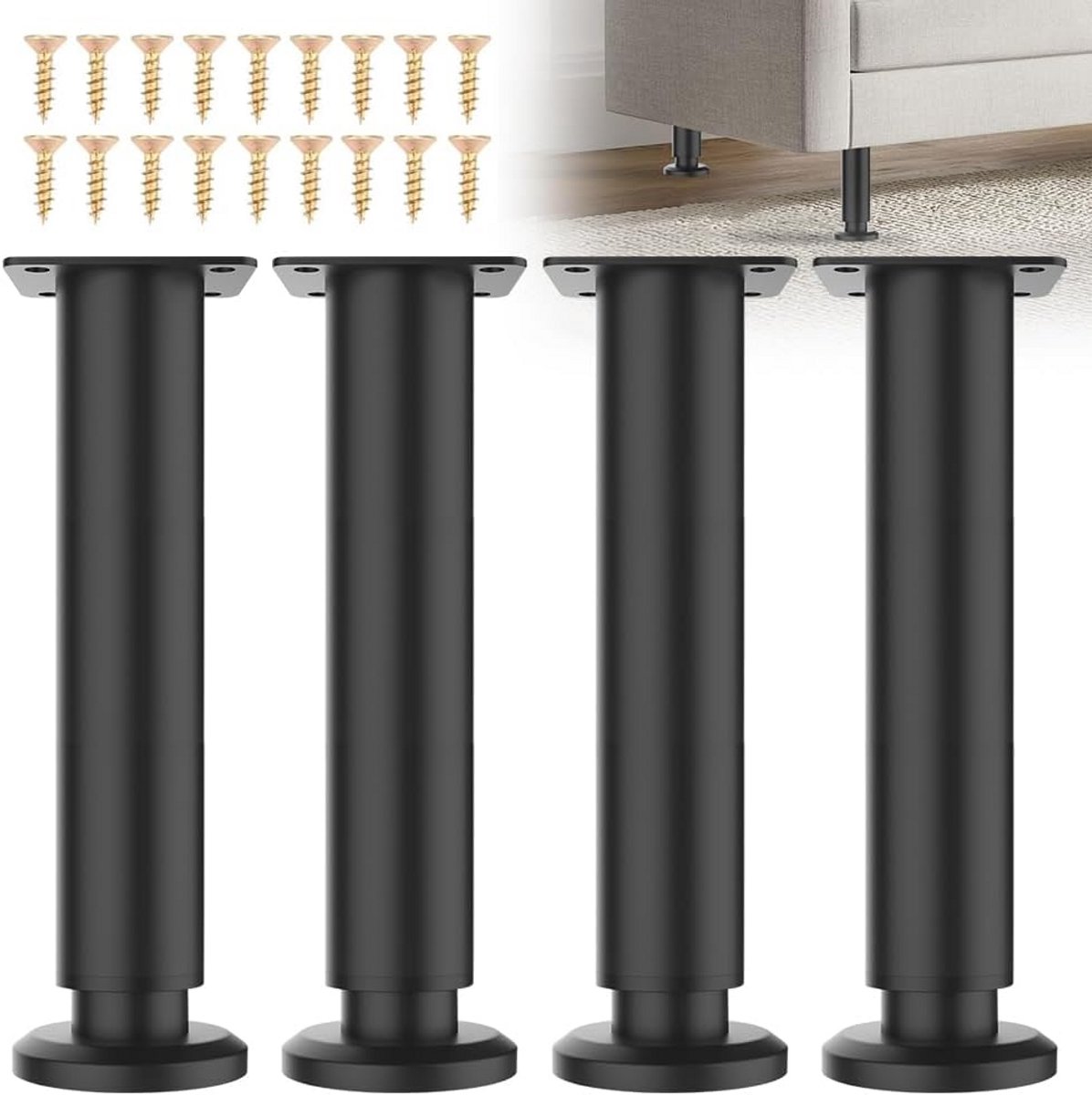 Verstelbare Meubelpoten Zwart Metaal 4-Pack Hoogte 18-30 cm voor Kasten en Tafels
