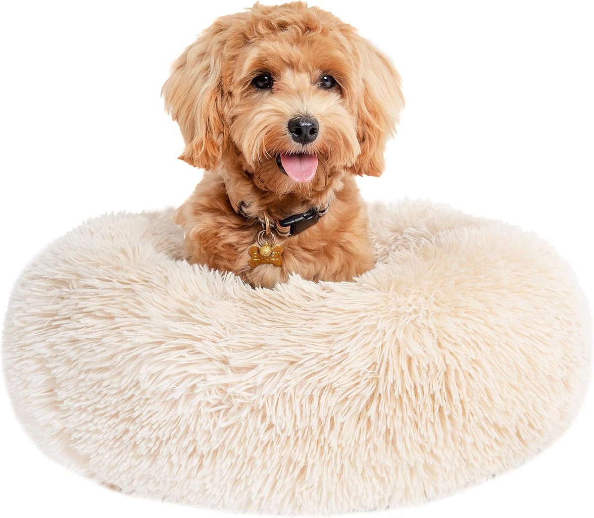Ronde Kalmerende Hondenmand Beige 58 cm Pluche Wasbaar Hondenkussen voor Kleine Honden en Puppy's