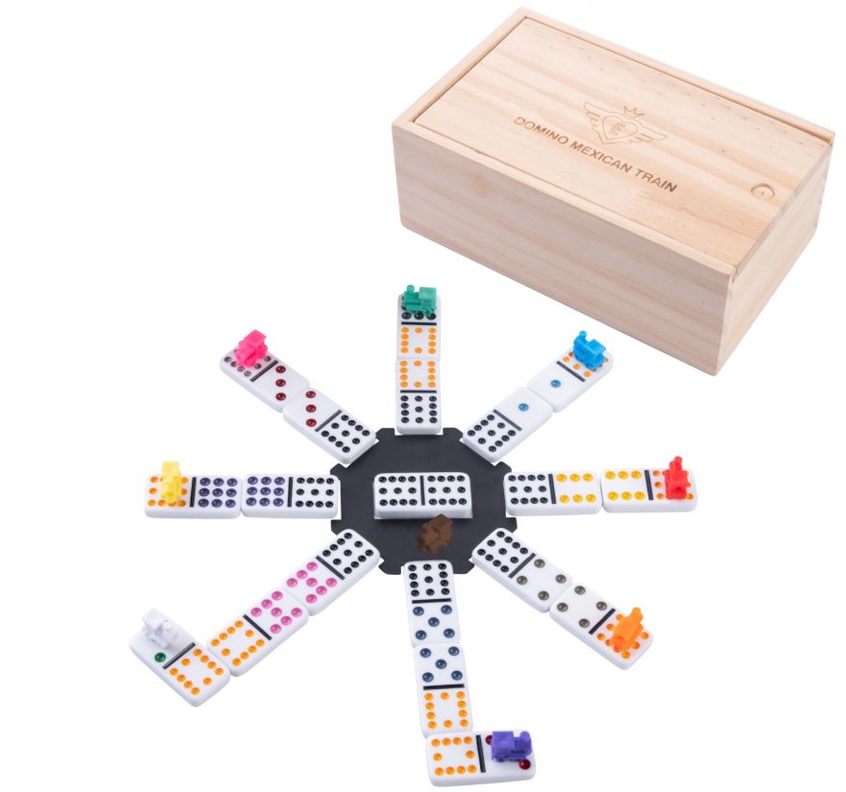 Domino Dubbel 12 Mexican Train – 91 Stenen met Gekleurde Ogen – Houten Kist met Schuifdeksel – Inclusief Station & Treinen – Strategisch Familiespel – Engelhart — afbeelding 10