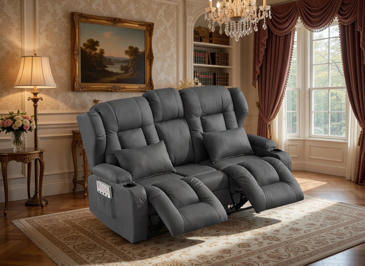 Luxe 2-zits relaxfauteuil met lichtfunctie - handmatig verstelbare TV en bioscoopstoel voor Thuisbioscoop, woonkamer of slaapkamer - inclusief Bekerhouders, USB, Opbergruimte en Middenblad - Stoffen Bekleding, Grijs Casa Serena