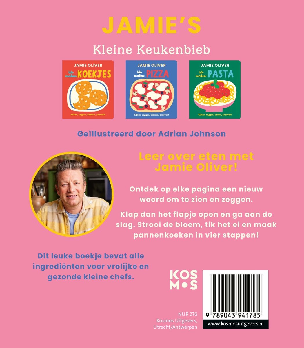 Jamie Oliver's kinderboekje met illustraties van koekjes, pizza en pasta, en een foto van Jamie Oliver.