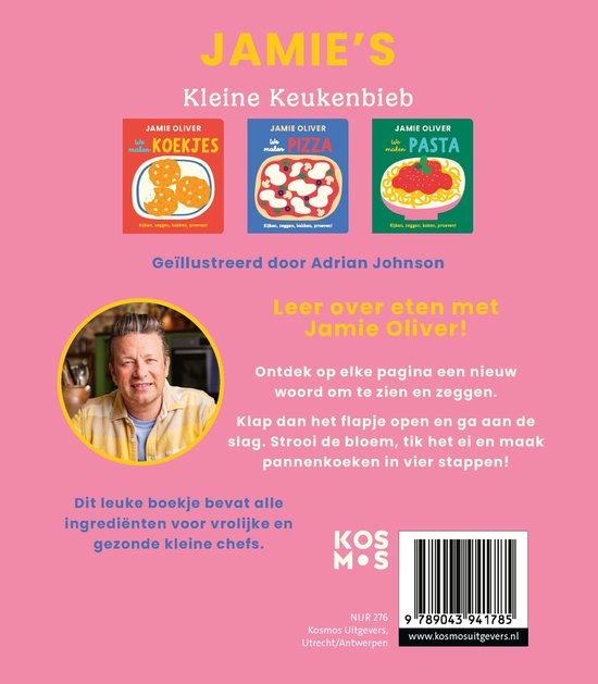 Jamie Oliver's kinderboekje met illustraties van koekjes, pizza en pasta, en een foto van Jamie Oliver.