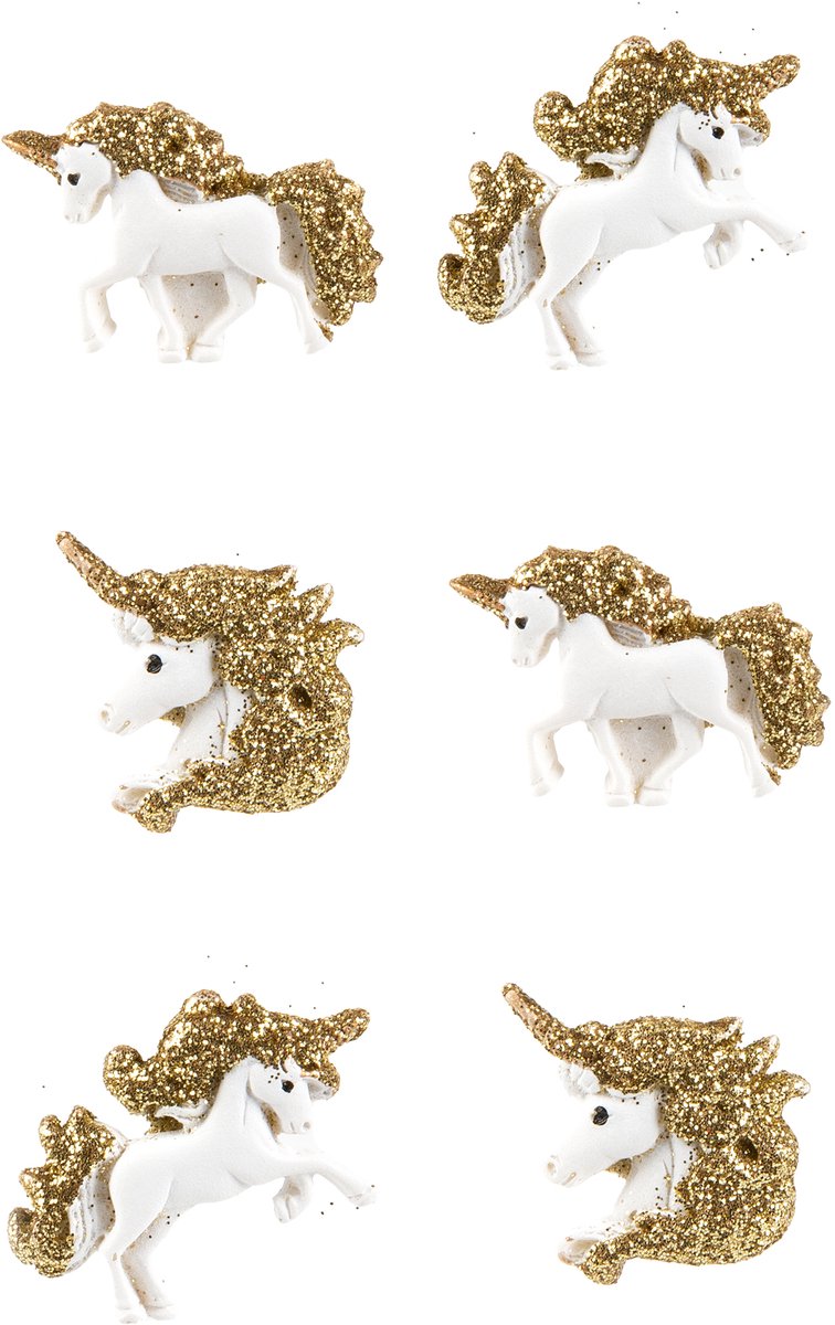 ARTYFETES - 6 witte zelfklevende hars eenhoorns met gouden glitters 3 cm