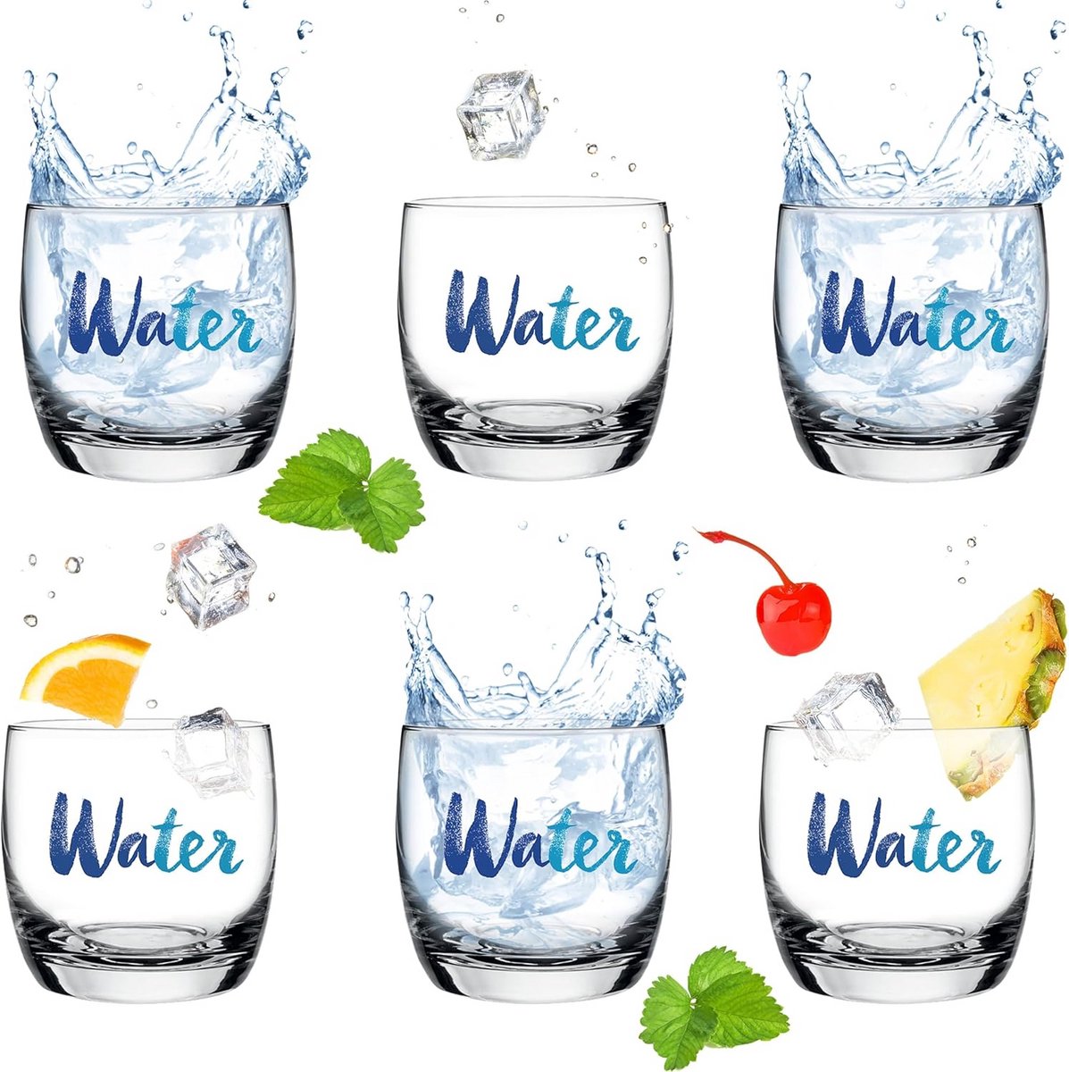 Set van 6 Waterglazen met Blauwe Opdruk - Sapglazen voor Drankjes - 260 ml