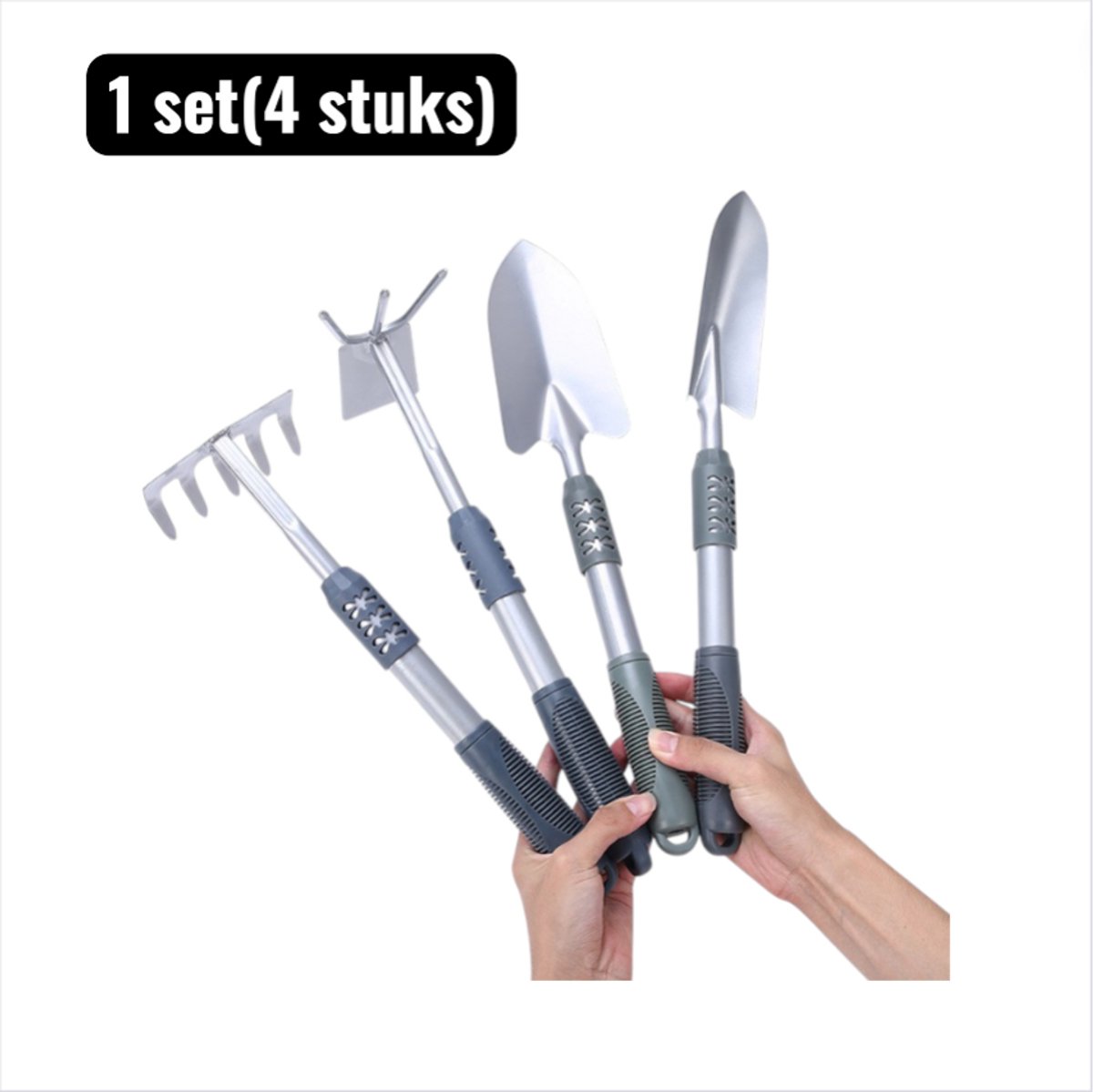 1 set(4 stuks) - Tuingereedschapset - Schoffels - Dubbele Tuinvork en Schoffel - Handgereedschap met Kunststof Steel voor Harken， Woelen en Oogsten in de Moestuin - Grijs