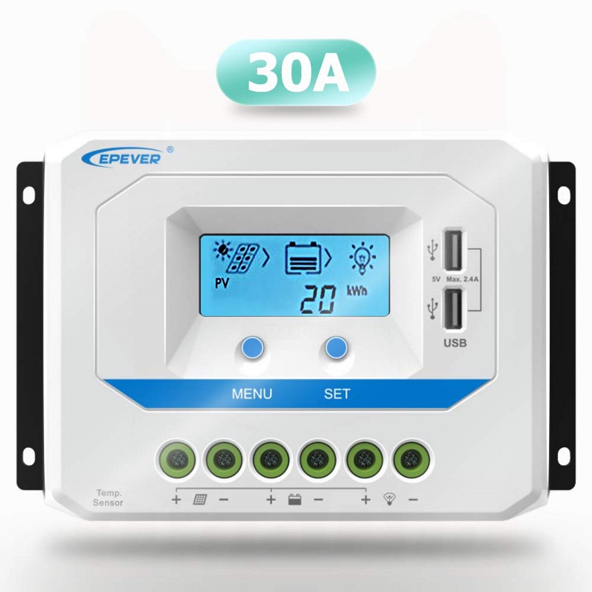 30A Solar Charge Controller 12V/24V met LCD en Dubbele USB Poorten