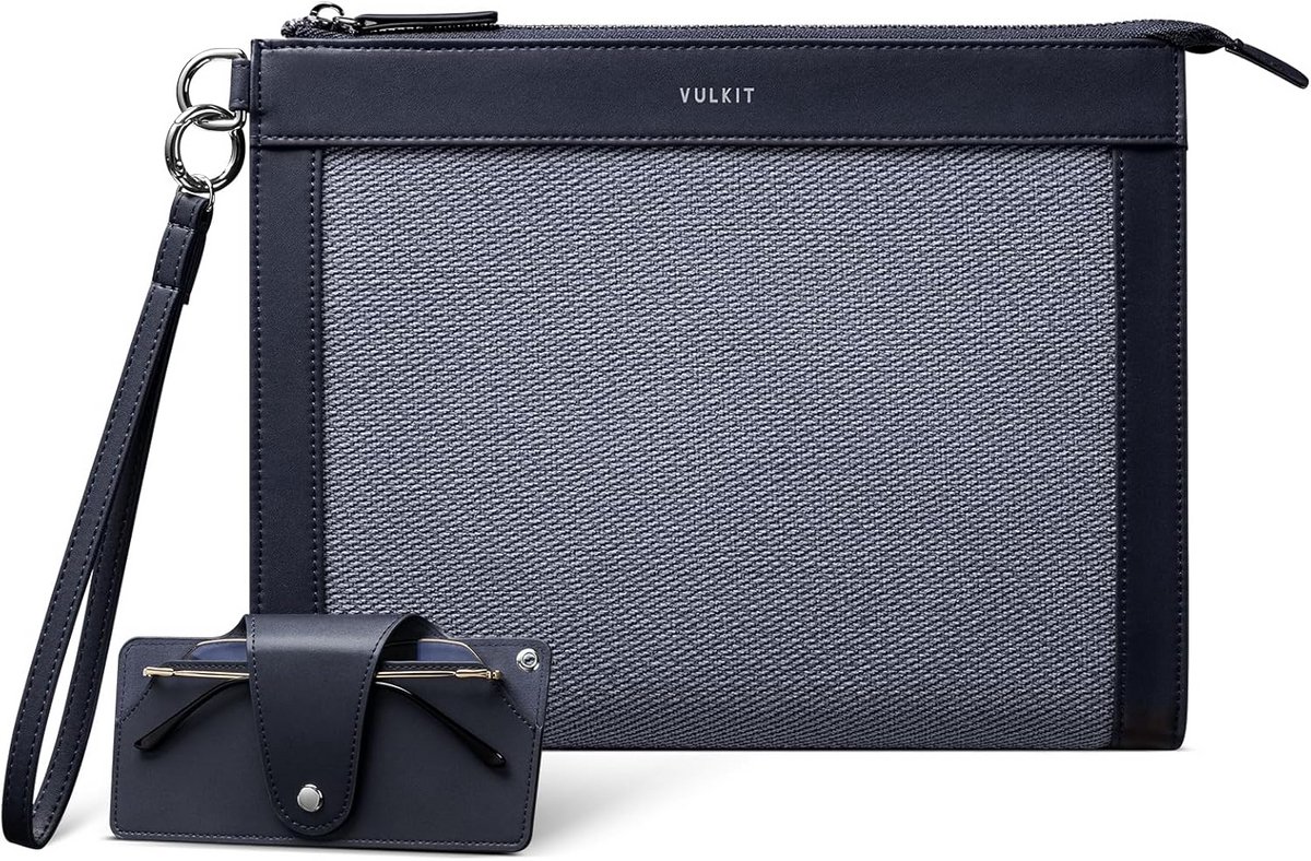 Leren Heren Clutch Tas Navy Blauw met Afneembare Brillenhoes en Polsband