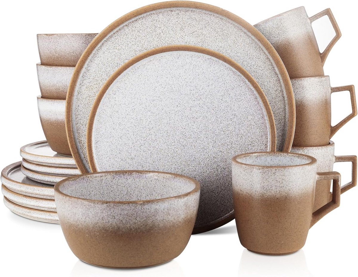 Rustiek Steengoed Servies Set voor 4 Personen - Bruin Gespikkeld